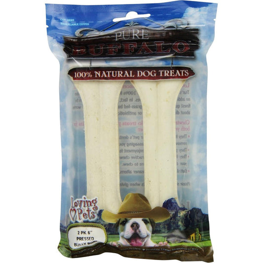 Loving Pets Pure Buffalo Six Inch Pressed Bully Bone Natural Long Lasting Dog Chews Leaner Beef Alternative Pack Of Two