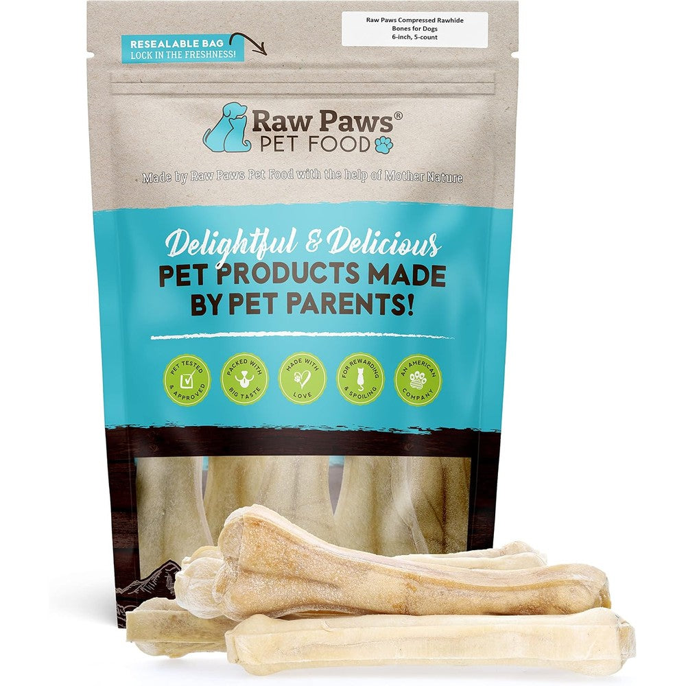Raw Paws Pet Food 6-Inch Compressed Rawhide Bones For Dogs Long Lasting All Natural Pressed Hide Chews For Aggressive Chewers 5-Count