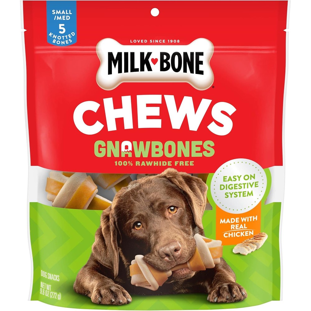 Milk-Bone Chews GnawBones Rawhide Free Chicken Flavored Long Lasting Knotted Bones Dog Treats for Small and Medium Dogs Nine Point Six Ounces