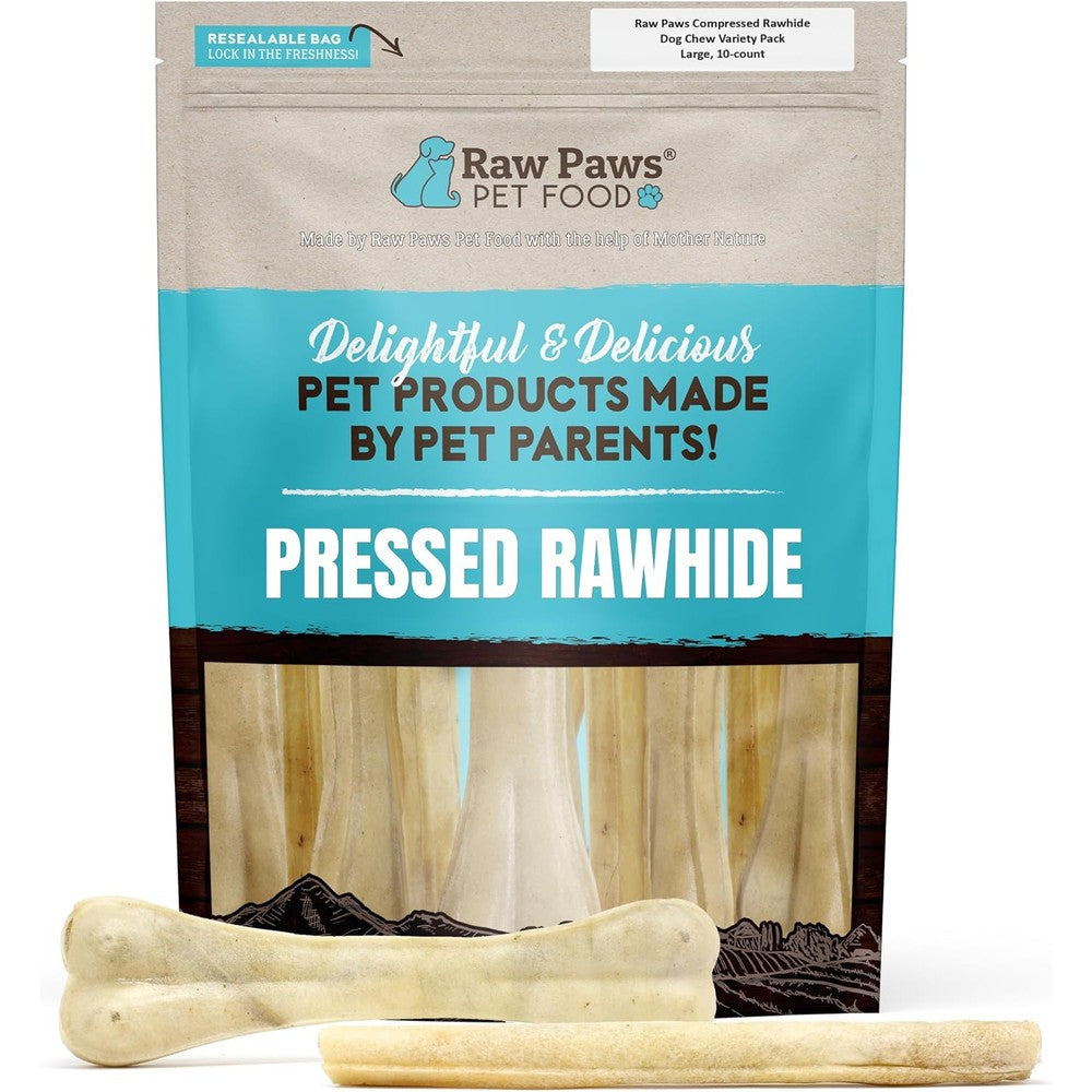 Raw Paws Compressed Rawhide Bones for Large Dogs Variety Pack 10 Count Long Lasting Pressed Dog Chews for Aggressive Chewers