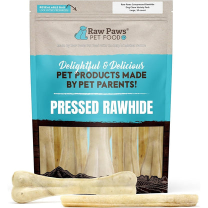 Raw Paws Compressed Rawhide Bones for Large Dogs Variety Pack 10 Count Long Lasting Pressed Dog Chews for Aggressive Chewers