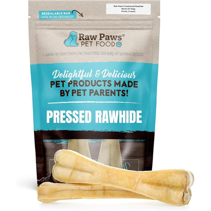 Raw Paws Compressed Rawhide Bones For Large Dogs 8-Inch Long Lasting Natural Pressed Water Buffalo Rawhide Dental Chews 2-Count Pack