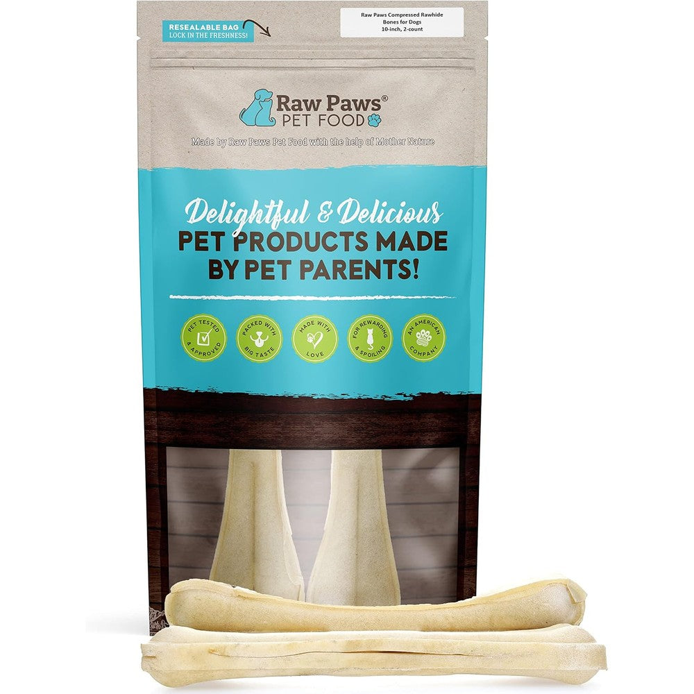 Raw Paws 10-Inch Compressed Rawhide Bones For Dogs All Natural Pressed Beef Hide Long Lasting Chews For Large Breeds 2 Count