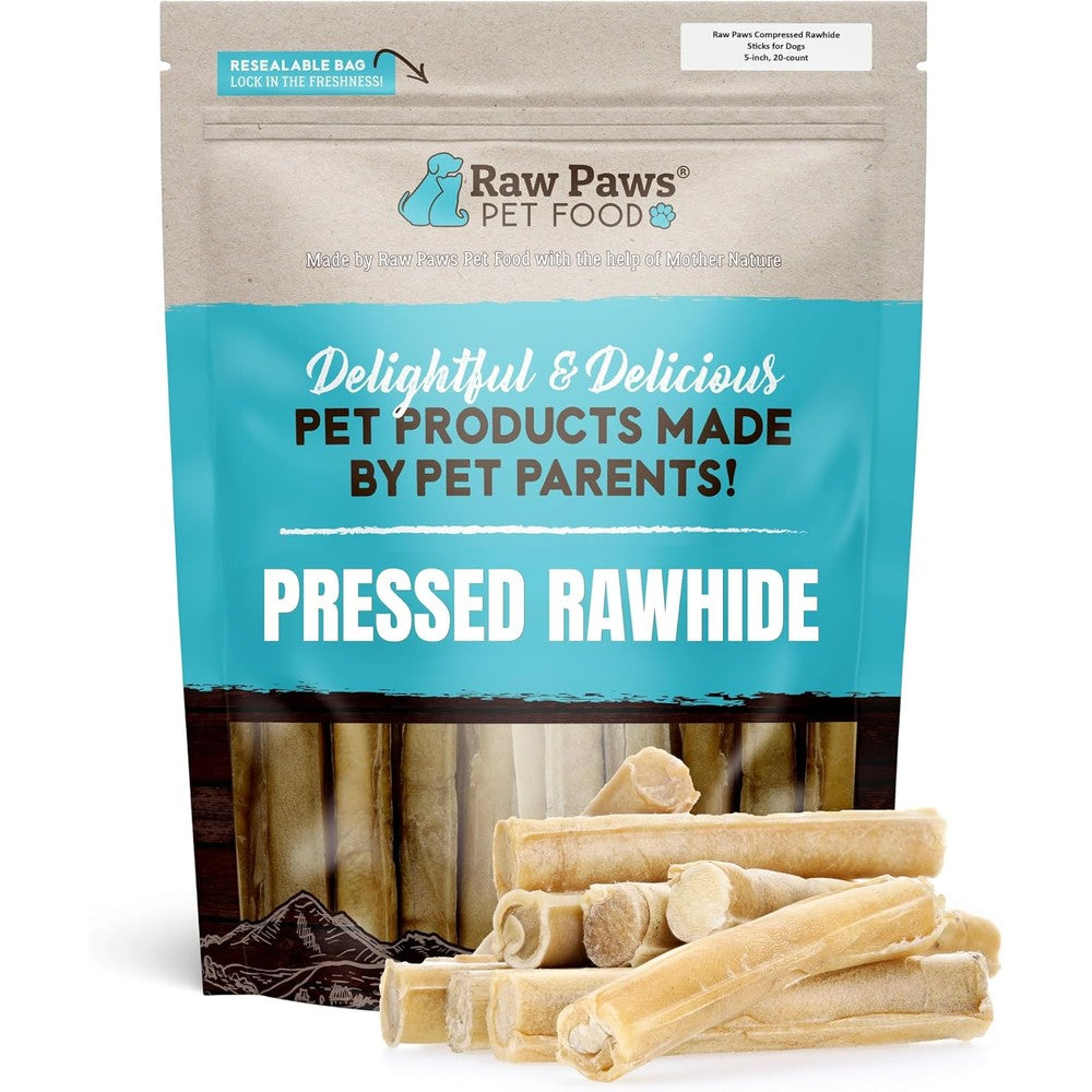 Raw Paws 4 Inch Compressed Rawhide Bones For Dogs 20 Count Long Lasting Pressed Buffalo Beefhide Puppy Teething Chews Packed In USA