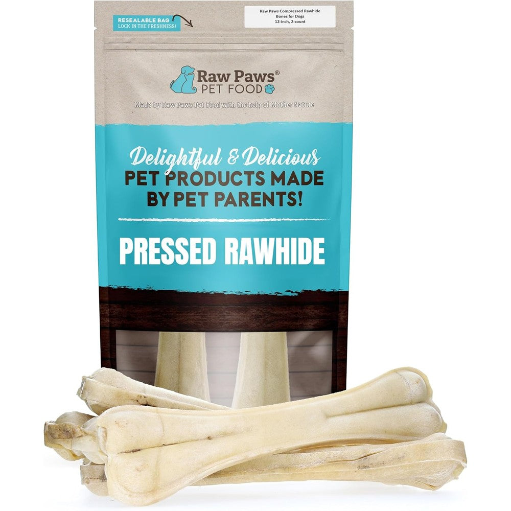 Raw Paws Compressed Rawhide Bones For Large Dogs Natural Long Lasting Pressed Water Buffalo Beefhide Chews Twelve Inch Two Count