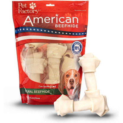 Pet Factory American Beefhide Six To Seven Inch Knotted Bones Dog Chew Treats Natural Flavor Ten Count Pack