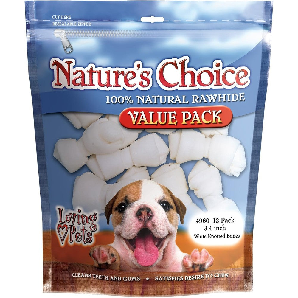Loving Pets Nature's Choice 100-Percent Natural Rawhide White Knotted Bones Value Pack Dog Treats For Small Breeds Under 10 Pounds 3-4 Inches 12 Pack
