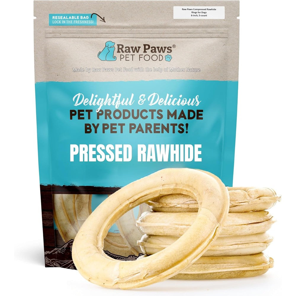 Raw Paws Compressed Rawhide Rings For Dogs 6 Inch 5 Count All Natural Long Lasting Digestible Beef Hide Dog Chew Donuts For Teething