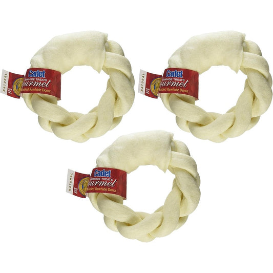 IMS PET Cadet Gourmet Braided Rawhide Donut Dog Treats Long Lasting Premium Beef Hide Chews Five Inch Size Pack Of Three