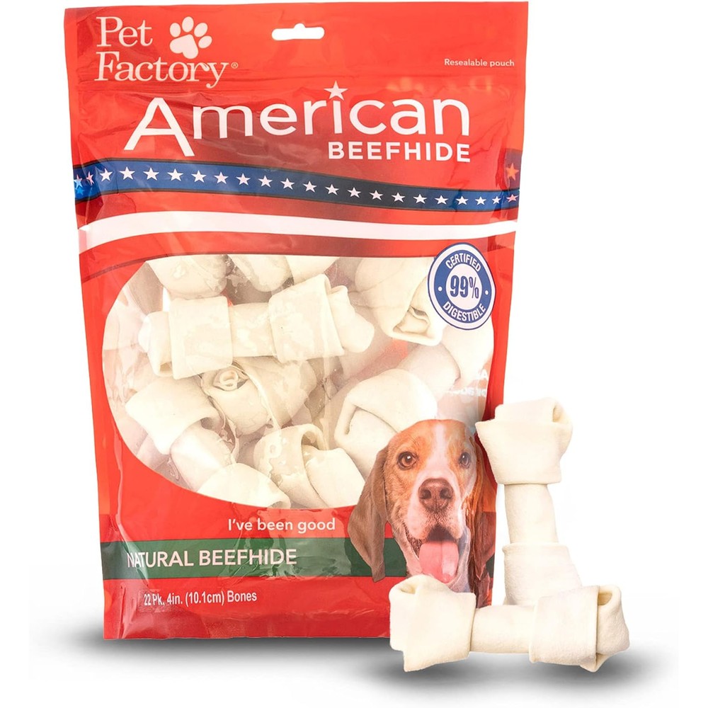 Pet Factory American Beefhide Knotted Bones Dog Chew Treats Natural Flavor 22 Count Pack