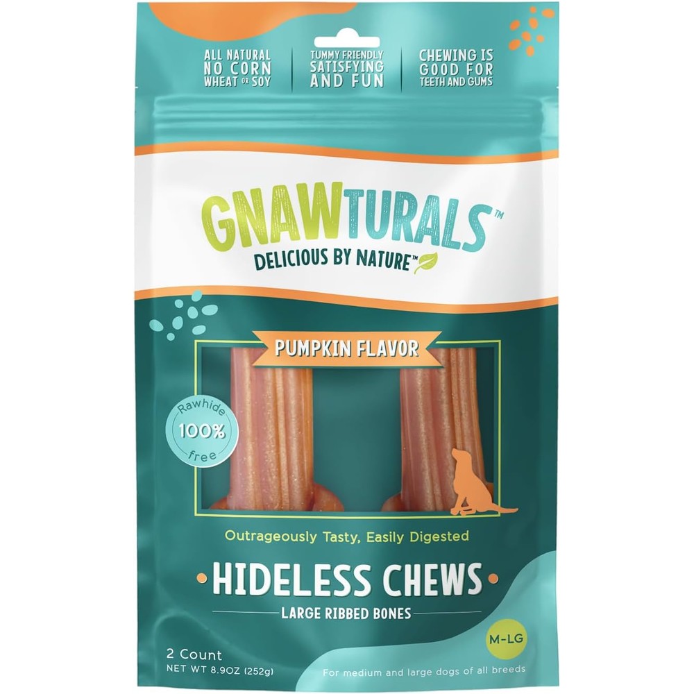 Gnawturals Rawhide Free Dog Chews Ribbed Bones Pumpkin Flavor For Large To Extra Large Dogs Two Bones