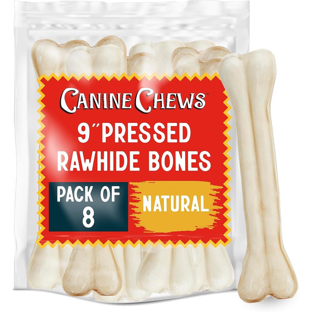 Canine Chews Pressed Rawhide Bones For Large Dogs Extra Thick Super Hard Long Lasting Compressed Beefhide Chew Toy Dog Bones 9 Inch 8 Pack