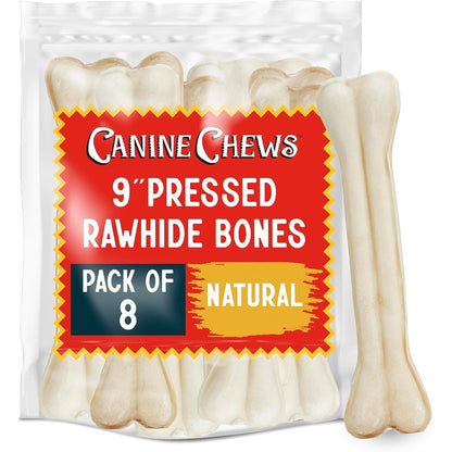 Canine Chews Pressed Rawhide Bones For Large Dogs Extra Thick Super Hard Long Lasting Compressed Beefhide Chew Toy Dog Bones 9 Inch 8 Pack