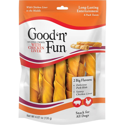 Good 'N' Fun Rawhide Twists Chicken Liver Recipe Long Lasting Premium Dog Chews 6 Count