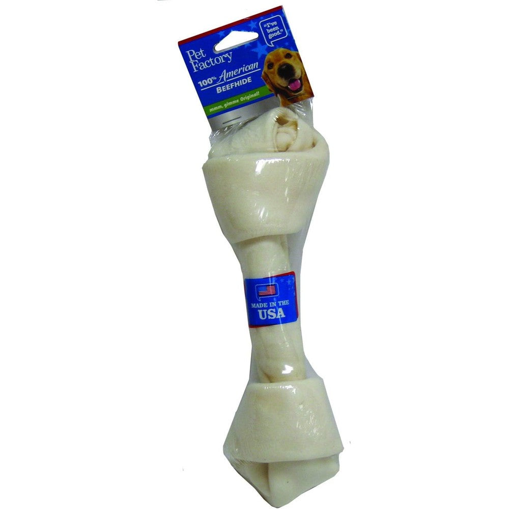 Pet Factory One Hundred Percent Made In USA Beefhide Nine To Ten Inch Knotted Bone Dog Chew Treat Natural Flavor One Pack