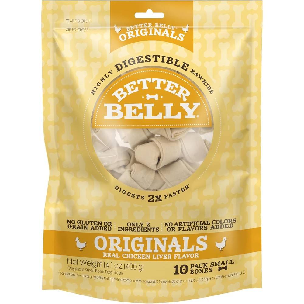 Better Belly Digestible Chicken Liver Flavor Rawhide Small Dog Bones For Easy Digestion Gluten Free Premium Dog Treats 10 Count
