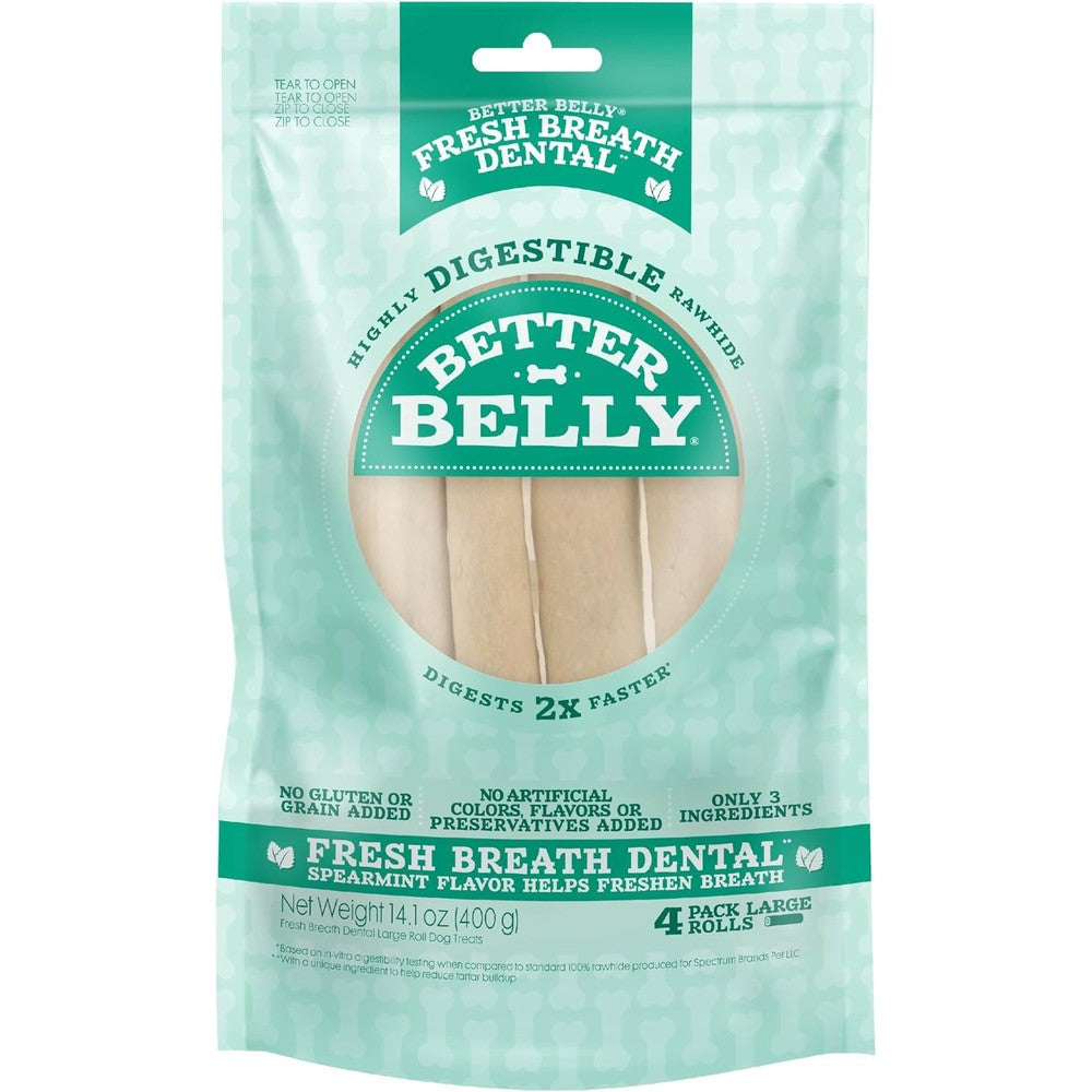Better Belly Fresh Breath Dental Large Rolls Highly Digestible Rawhide Dog Chews Spearmint Flavor For Tartar Control Four Count