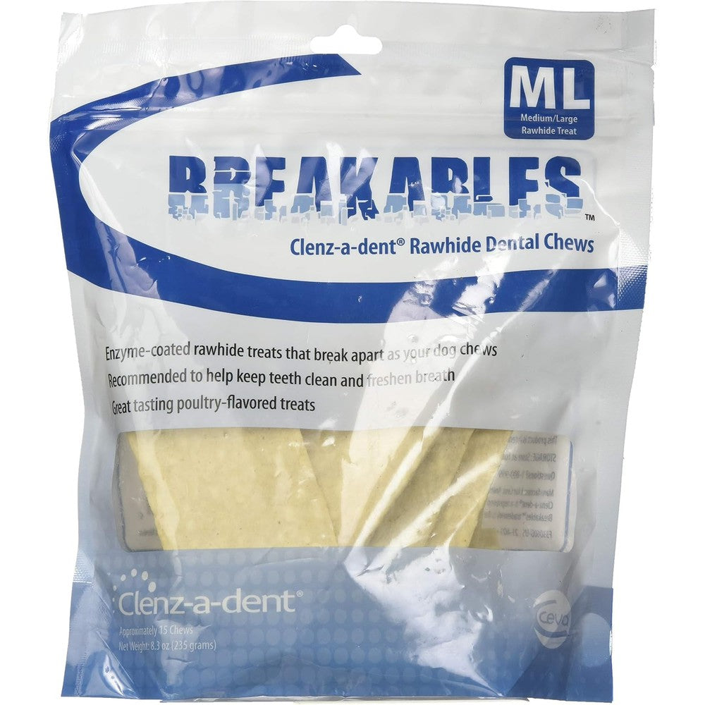 Ceva Clenz-A-Dent Breakables Rawhide Dental Chews For Medium And Large Dogs Poultry Flavor 15 Count