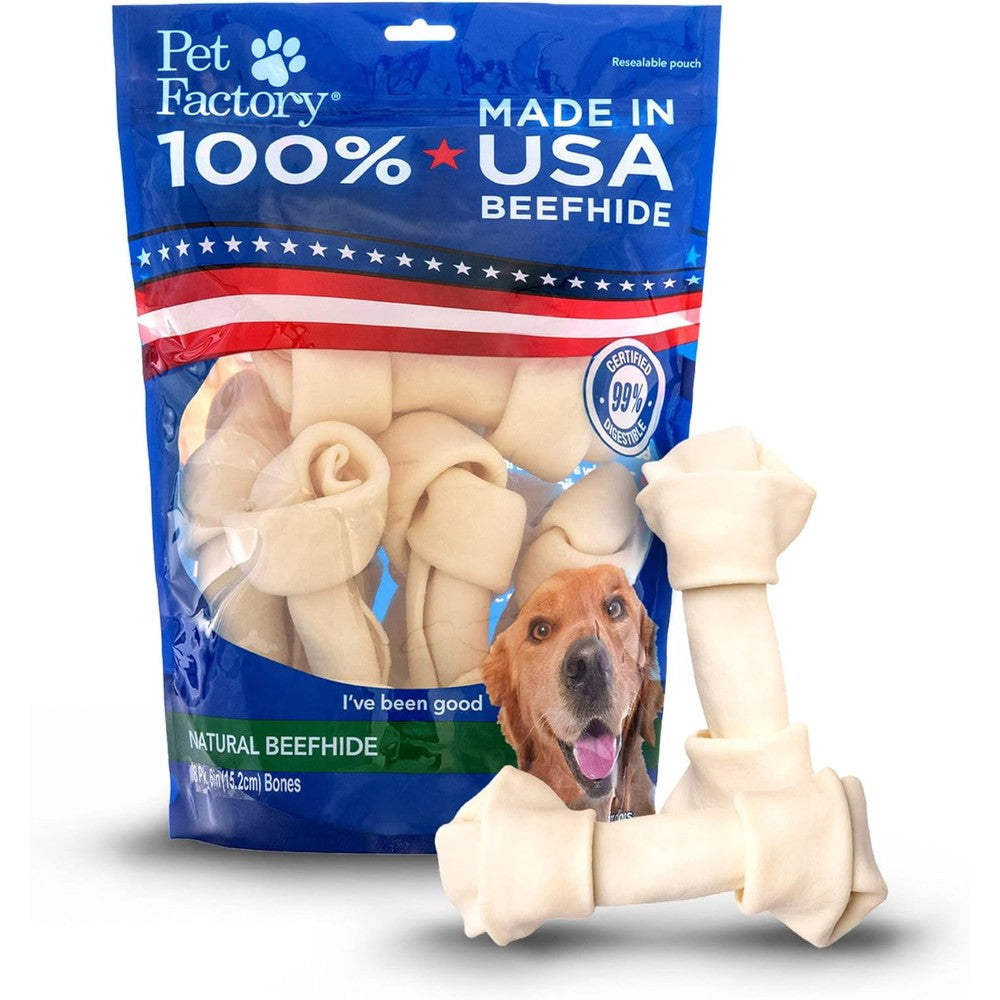 Pet Factory 100% Made In USA Beefhide Dog Chews Natural Flavor 6 To 7 Inch Knotted Rawhide Bones For Dogs 8 Count Pack