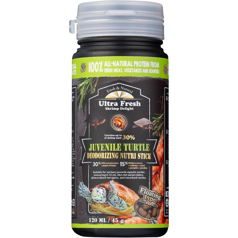 Ultra Fresh juvenile turtle food front view bottle packaging