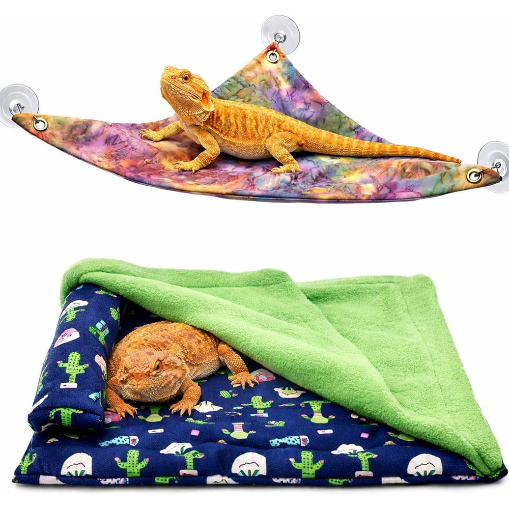 Mechpia bearded dragon bed hammock front view showcasing the complete two piece reptile tank accessories set.