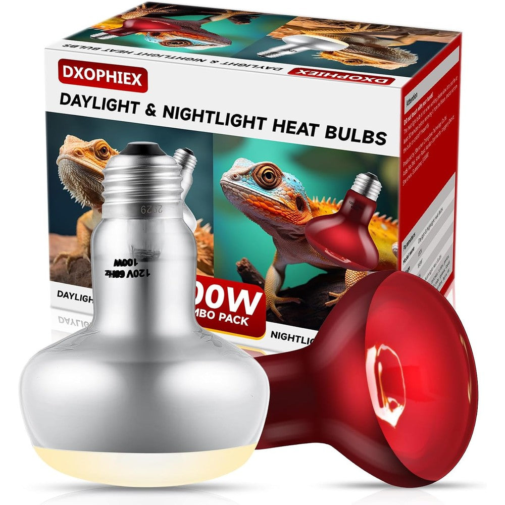DXOPHIEX 2 Pack 100W Reptile Heat Lamp Bulbs Combination UVA Daylight Basking Bulb And Infrared Nightlight Heating Lamp Combo - Image 1