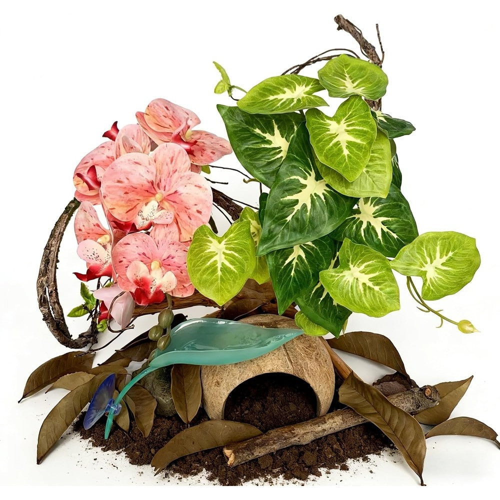 Gluzoo 5 Piece Crested Gecko Tank Decor Kit With Orchid And Artificial Plants Rainforest Terrarium Set Coconut Hide Vine And Leaf Platform For Clim...