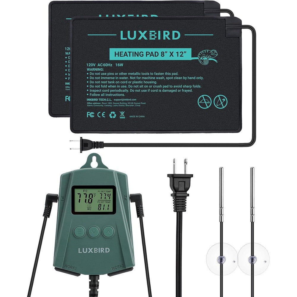 Luxbird reptile heating pad front view showing dual output thermostat and two mats