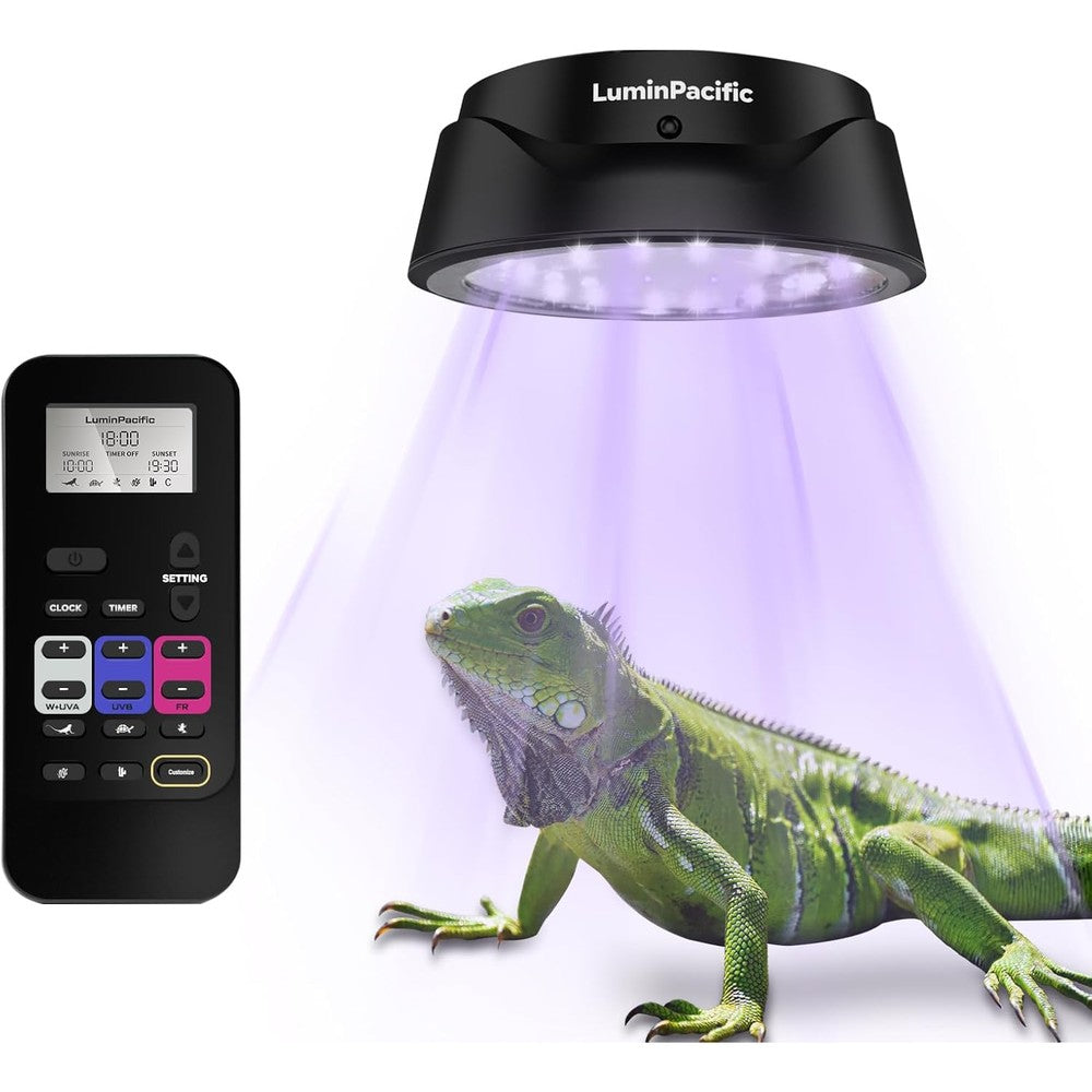 LuminPacific UVB Reptiles Light front view with remote control
