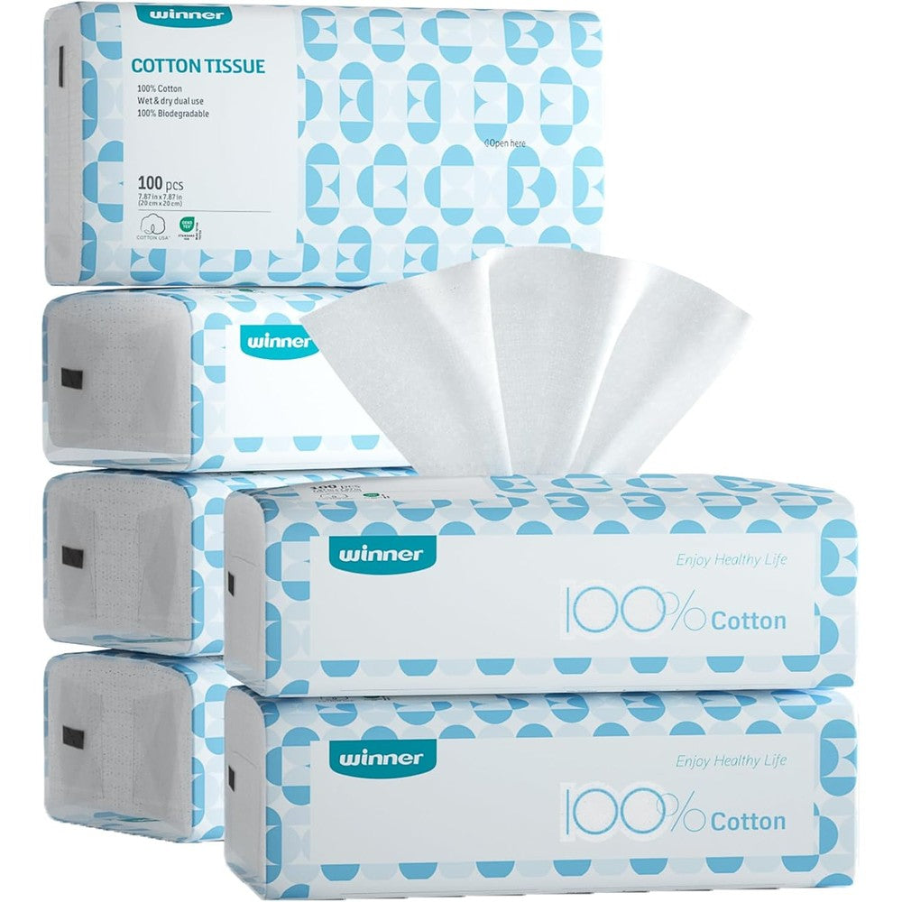 Winner Soft Face Towels 100% USDA Biobased Facial Towels Unscented Cotton Tissues For Sensitive Skin 600 Count Pack Of 6