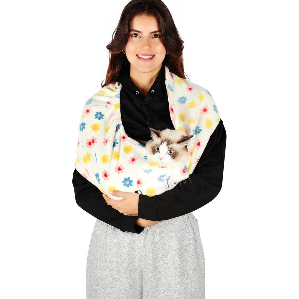 Hands-Free Cat Sling Carrier, Ultra-Soft Polar Fleece Pet Sling for Small Dogs & Cats 3-14 lbs, Machine Washable for Indoor Snuggling & Outdoor Use (Medium, Daisy)