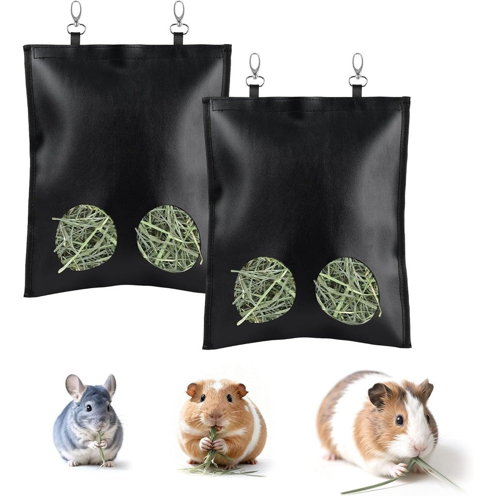 2Pcs Hanging Hay Feeder Bag for Guinea Pigs, Capacity of 0.35 Pounds of Hay, 11.8 x 9.8 Inch Bilayer Harmless Artificial Leather, 2-Hole Washable Hay Feeding Pouch for Small Rabbit, Chinchillas