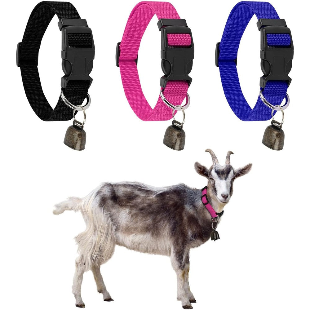 Gindoor goat collar front view displaying multi-colored nylon strap and attached brass bell