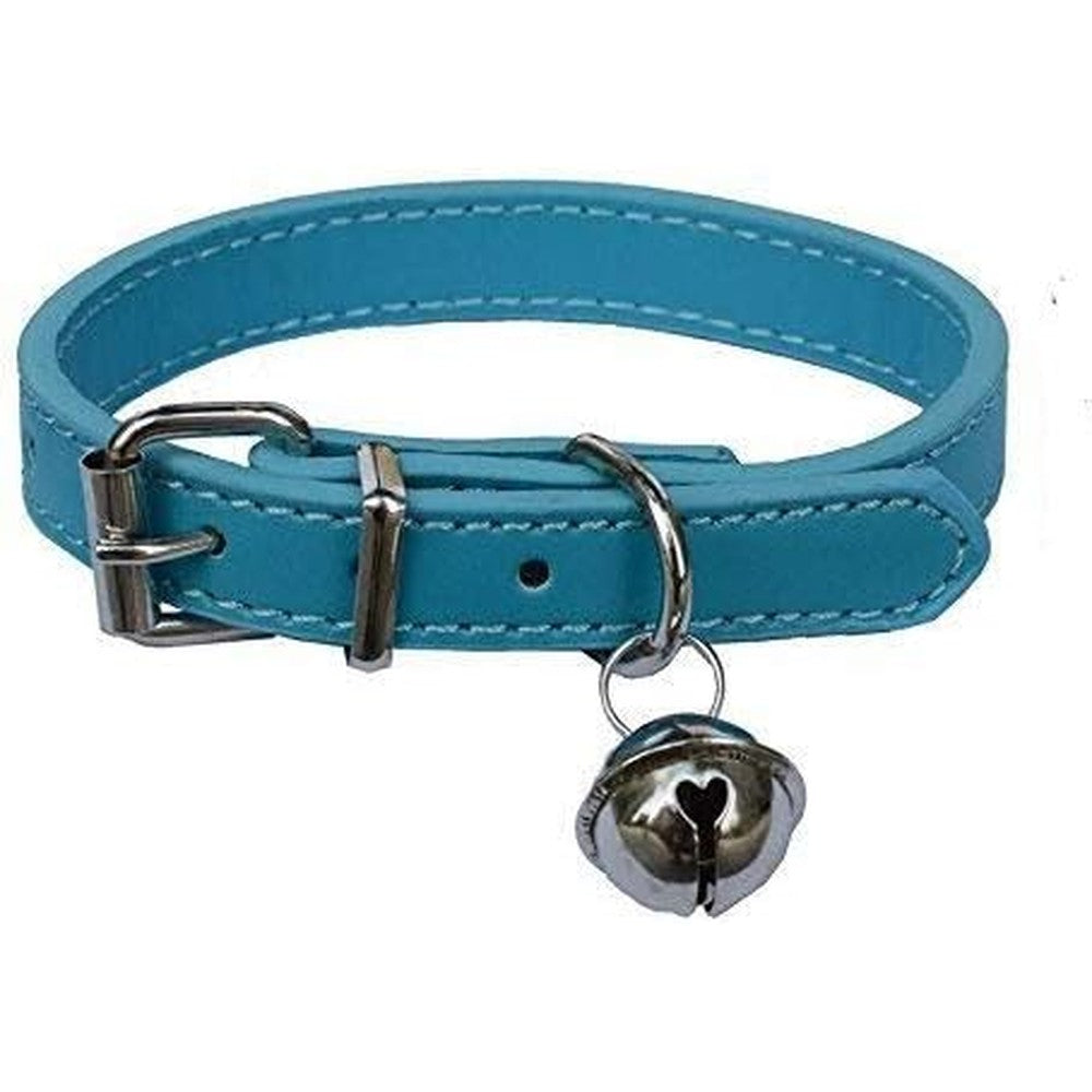 Lanyarco Turquoise Blue Leather Pet Collar For Cats And Puppies Adjustable 8 To 10.5 Inches Kitten Neck Strap With Silver Bell