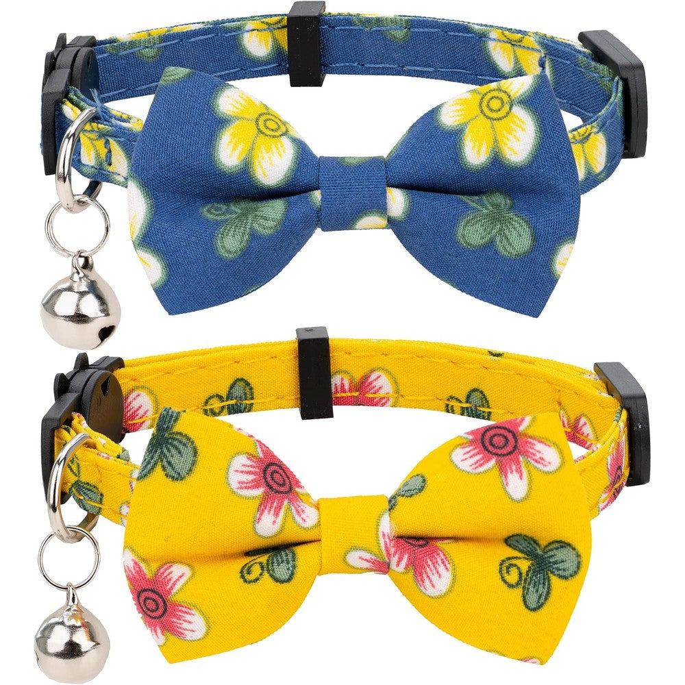 Gyapet Breakaway Cat Collar With Detachable Bowtie And Safety Bell For Kittens And Puppies Flower Blue And Yellow Two Pieces