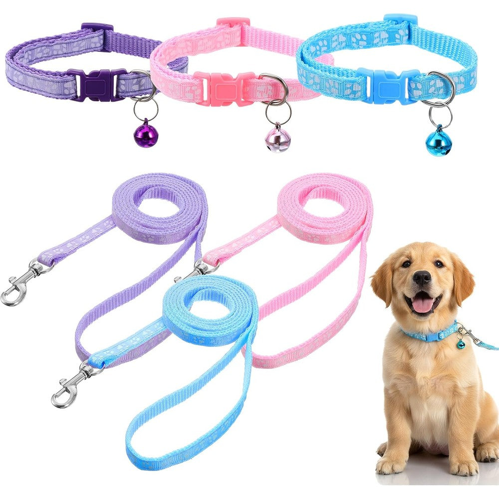 Guduling Adjustable Puppy Collar And Leash Set With Bell And Reflective Paw Print Design For Small Dogs And Kittens Purple Pink Blue Three Count