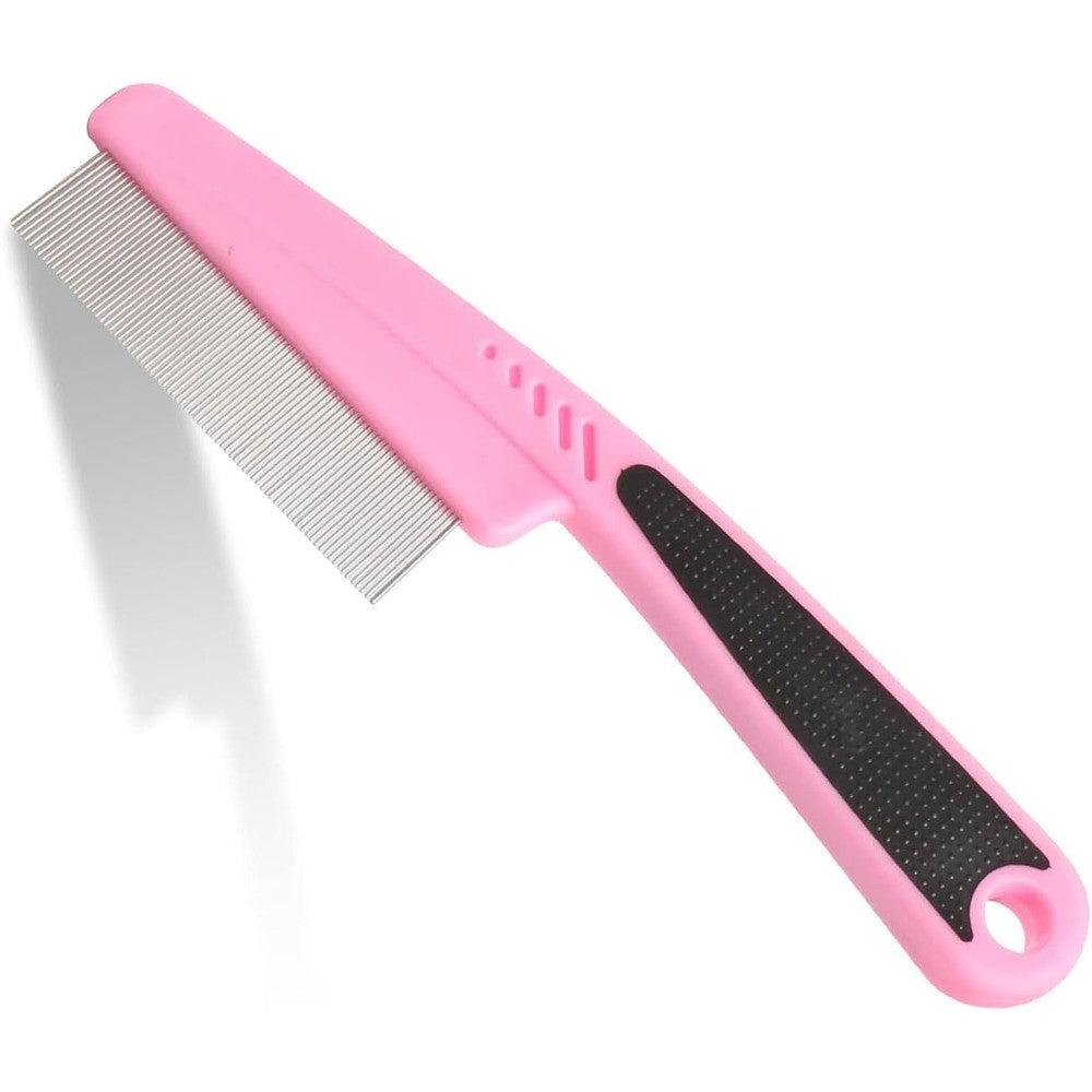 Jegtew Flea And Lice Comb For Dogs And Cats Professional Pet Grooming Brush For Removing Loose Hair Knots And Flakes With Pink Rubber Handle