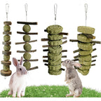 LWINGFLYER 4 Pack Bunny Chew Toys Apple Wood Twigs And Compressed Timothy Grass Cakes Hanging Cage Treats For Small Animal Dental Health