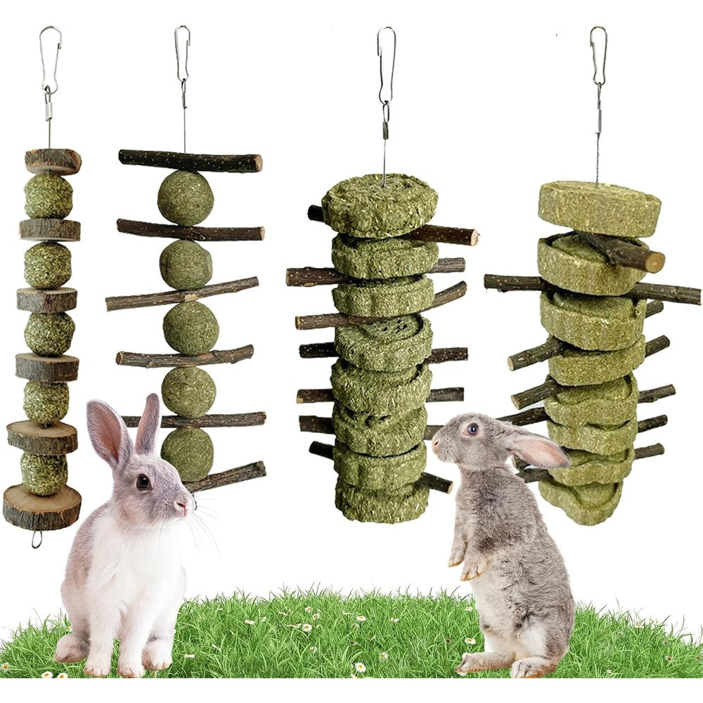LWINGFLYER 4 Pack Bunny Chew Toys Apple Wood Twigs And Compressed Timothy Grass Cakes Hanging Cage Treats For Small Animal Dental Health