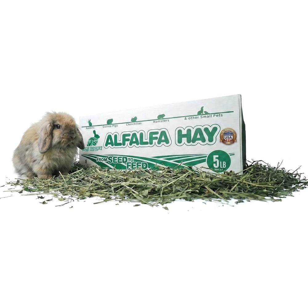 High Desert alfalfa hay front view of the 5 pound box packaging