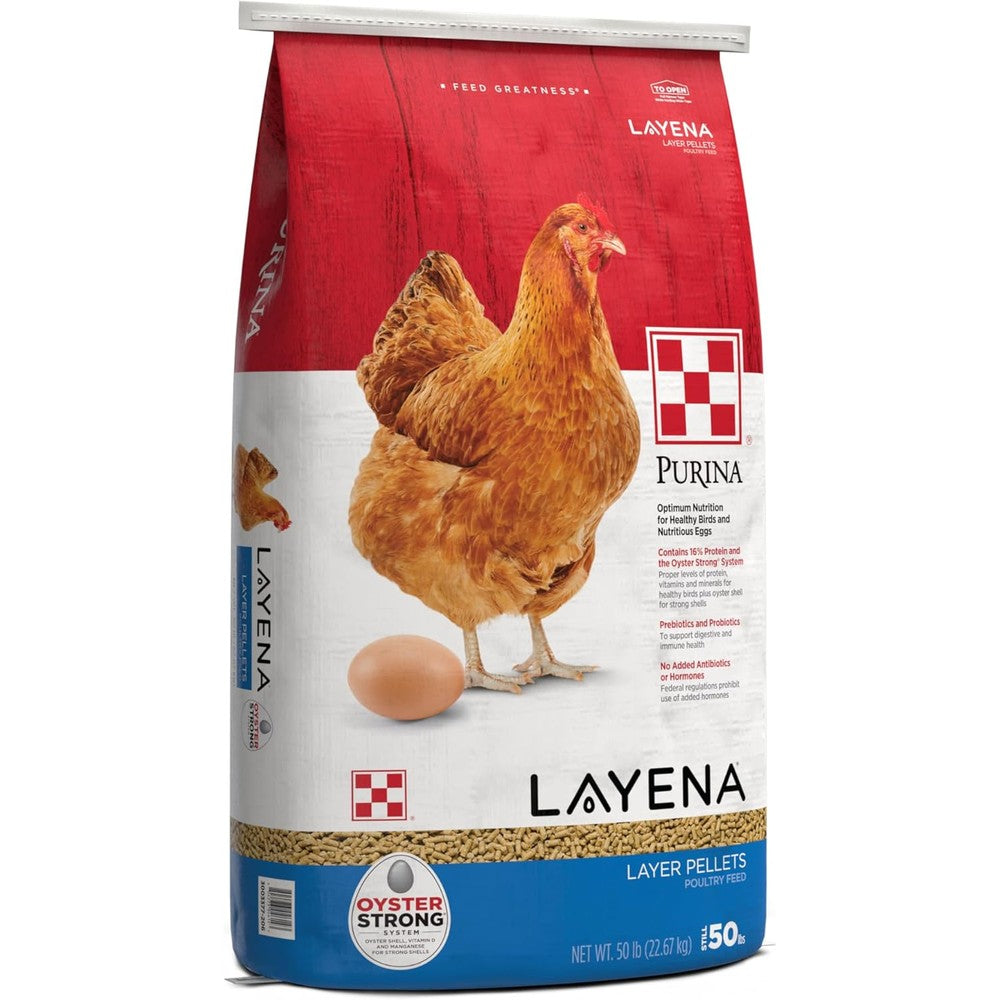 Purina Layena Pellets Chicken Feed For Laying Hens With Oyster Strong System Sixteen Percent Protein Complete Poultry Nutrition Fifty Pounds Bag