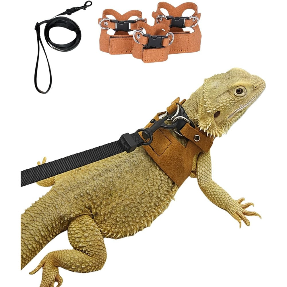 SEZDEKI 3 Pack Bearded Dragon Harness and Leash Set Adjustable Soft Leather Lizard Walking Rope Vest for Reptiles Small Animals Brown