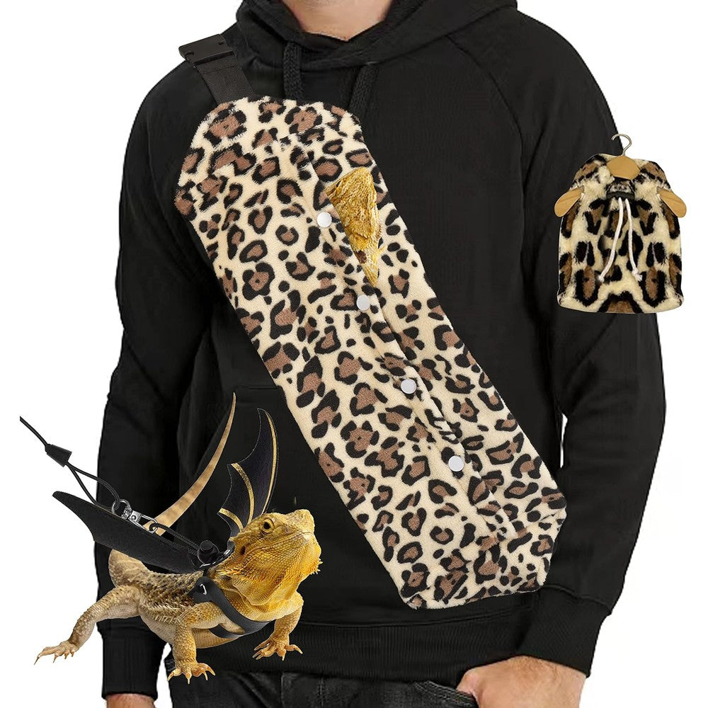 Yosadol Bearded Dragon Leash And Harness Set With Adjustable Bat Wings And Leopard Print Sling Carrier For Small Reptile Outdoor Travel - Image 1