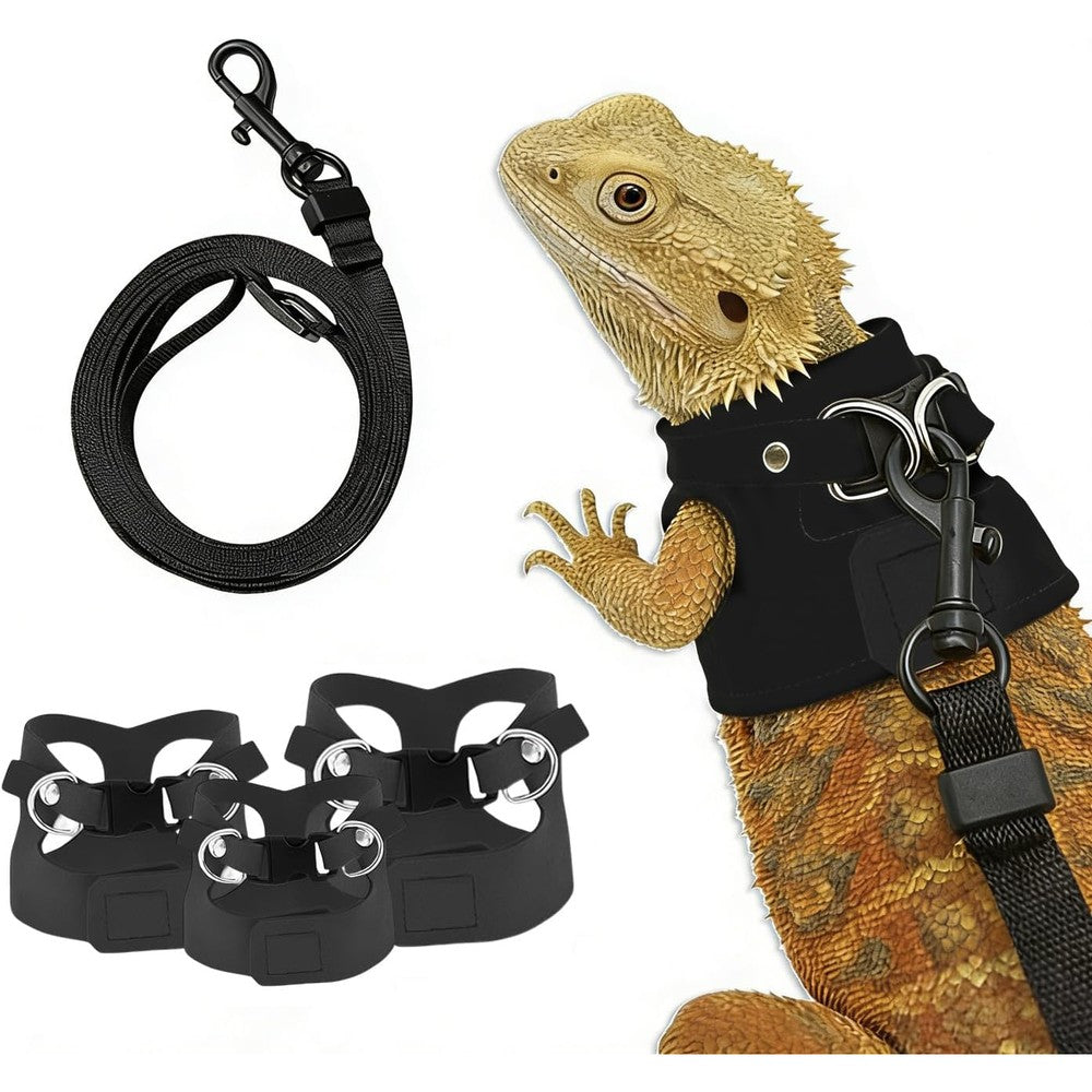 FurryShell Adjustable Bearded Dragon Harness And Leash Set Escape Proof Reptile Walking Accessories Pack Of Three Small Medium Large Sizes Black