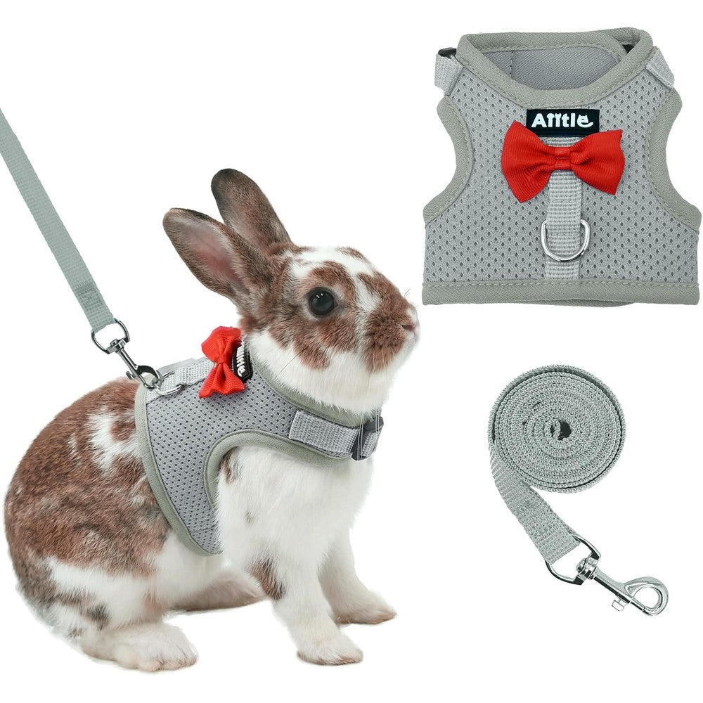 Aiitle Rabbit Harness And Leash Set With Cute Bow Soft Breathable Mesh Vest For Small Pets Grey Small