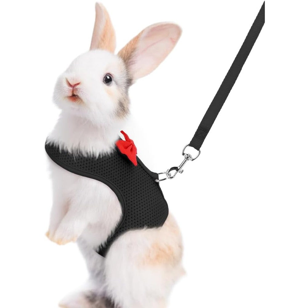 PSPORT Rabbit Harness And Leash Set Soft Breathable Mesh Bunny Vest Harness With Cute Bow For Kittens And Small Pets Walking Black Small