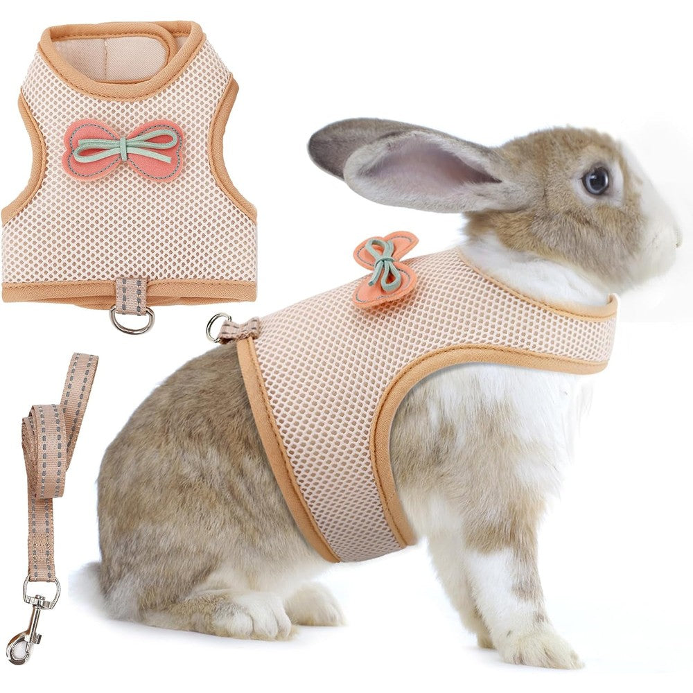 Aiitle Bunny Harness And Leash Set Soft Breathable Mesh Vest Escape Proof Adjustable Reflective Walking Vest For Rabbits Kittens Beige Small