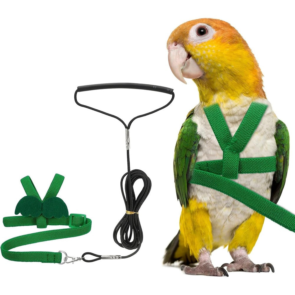 PETAXCELL Adjustable Pet Bird Harness And Leash Lightweight Anti Bite Flight Training Rope With Cute Wing Green Small For Budgies And Parrots