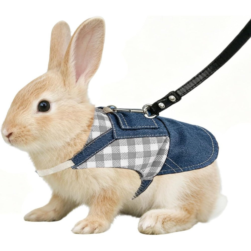 FurryShell Escape Proof Rabbit Harness And Leash Set Adjustable Breathable Pure Cotton Bunny Vest With Leather Leash Grid Gray Medium