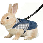 FurryShell Escape Proof Rabbit Harness And Leash Set Adjustable Breathable Pure Cotton Bunny Vest With Leather Leash Grid Gray Medium